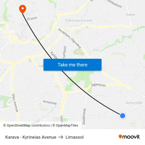 Karava - Kyrineias Avenue to Limassol map