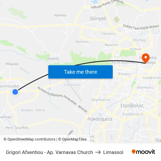 Grigori Afxentiou - Ap. Varnavas Church to Limassol map