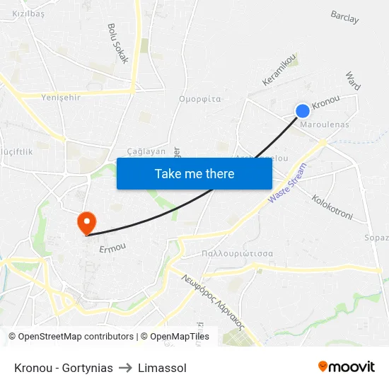 Kronou - Gortynias to Limassol map