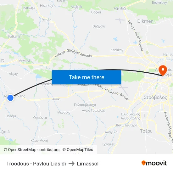 Troodos - Pavlou Liasidi to Limassol map