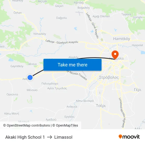 Akaki High School to Limassol map
