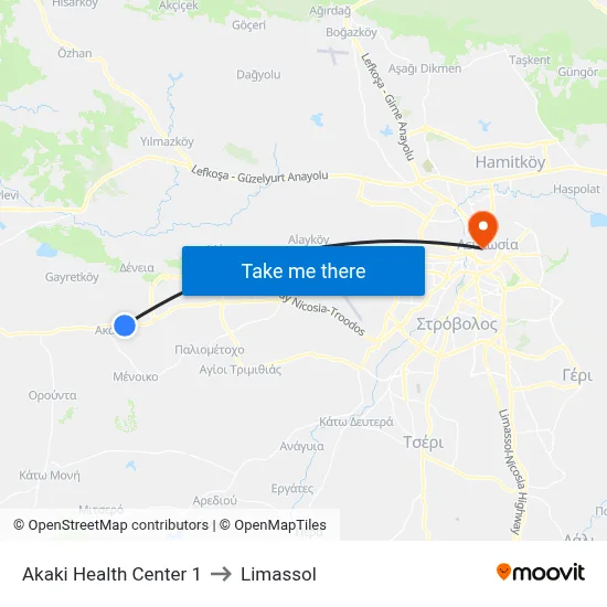 Akaki Health Center to Limassol map
