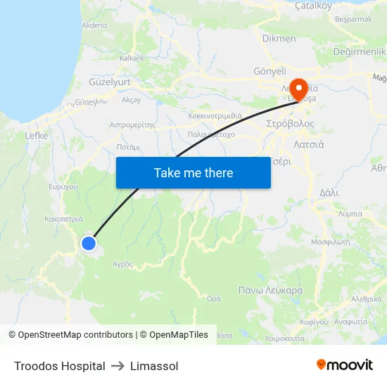 Troodos Hospital to Limassol map
