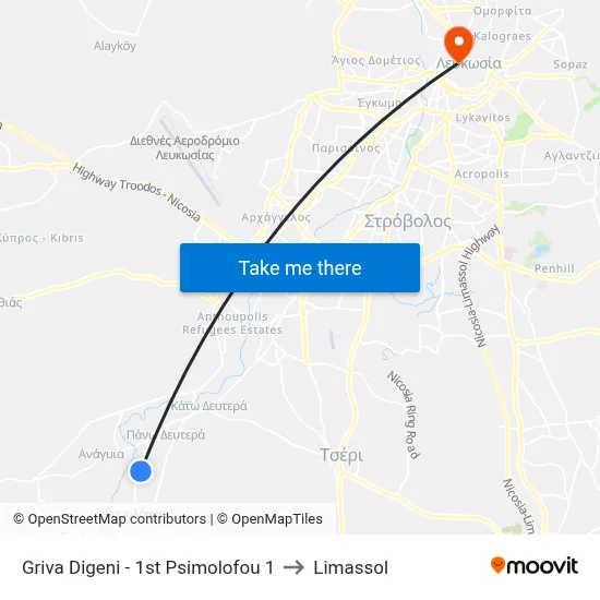 Griva Digeni - 1st Psimolofou 1 to Limassol map