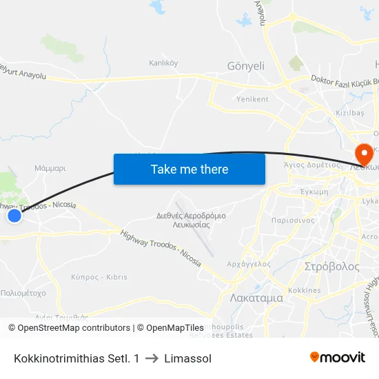 Kokkinotrimithia Settlement 1 to Limassol map