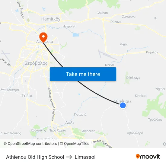 Athienou Old High School to Limassol map