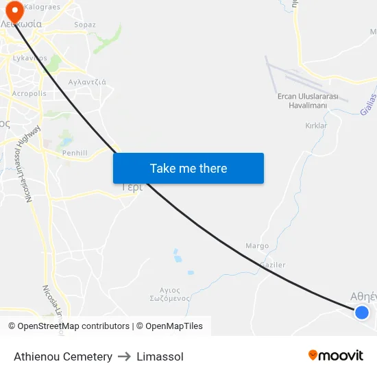 Athienou Cemetery to Limassol map