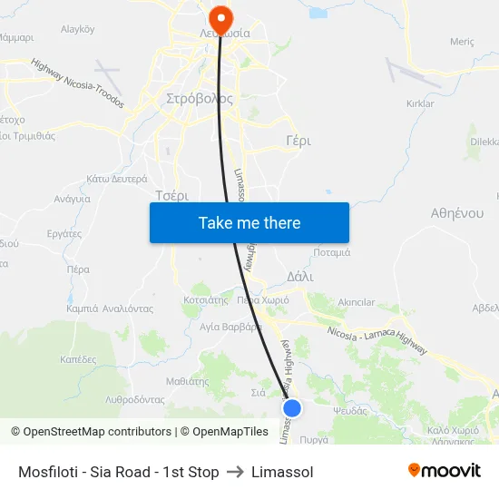 Mosfiloti - Sia Road - 1st Stop to Limassol map