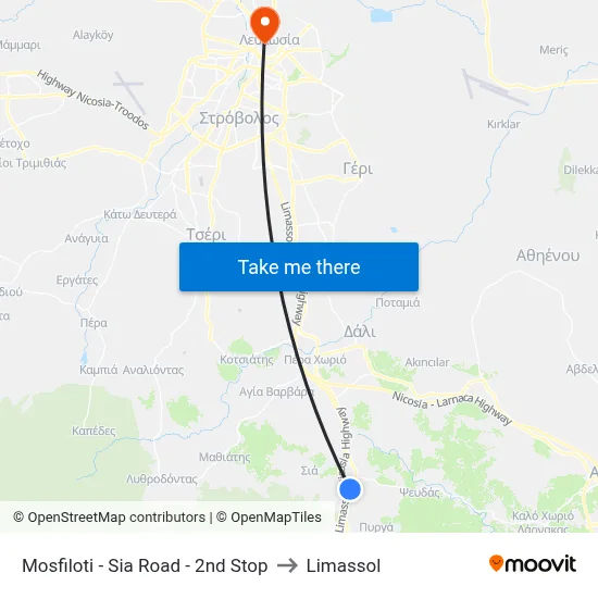 Mosfiloti - Sia Road - 2nd Stop to Limassol map