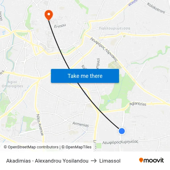Akadimias - Alexandrou Yosilandou to Limassol map