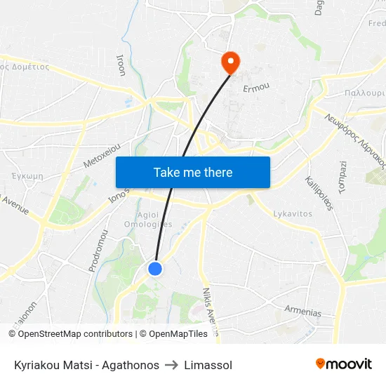 Kyriakou Matsi - Agathonos to Limassol map