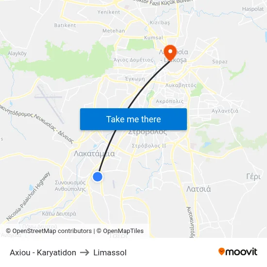 Axiou - Karyatidon to Limassol map