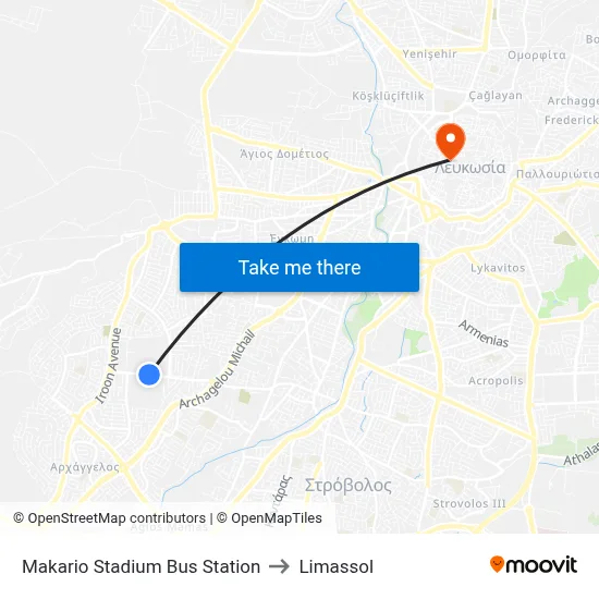 Makario Stadium Bus Station to Limassol map