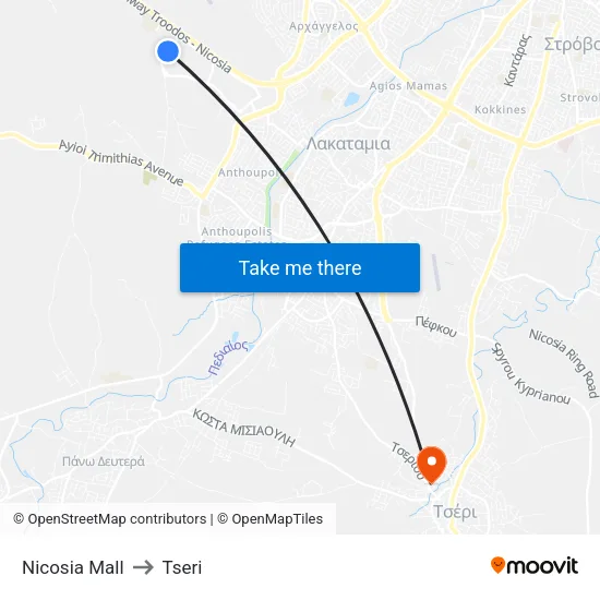 Nicosia Mall to Tseri map