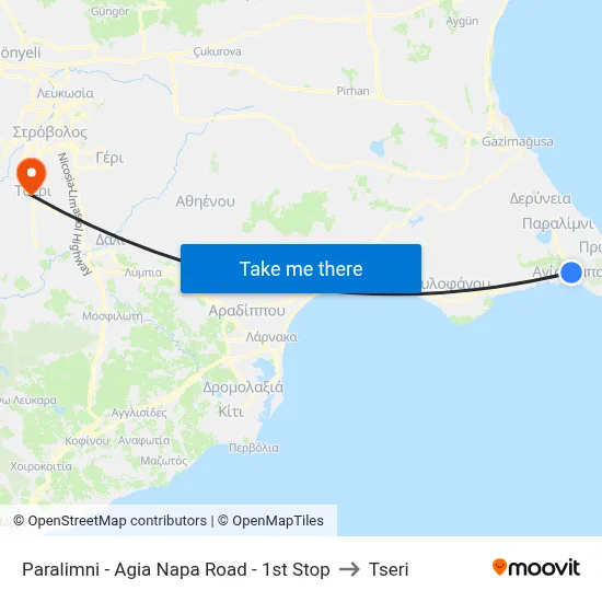 Paralimni - Agia Napa Road - 1st Stop to Tseri map