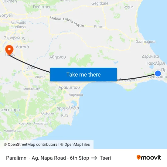 Paralimni - Ag. Napa Road - 6th Stop to Tseri map