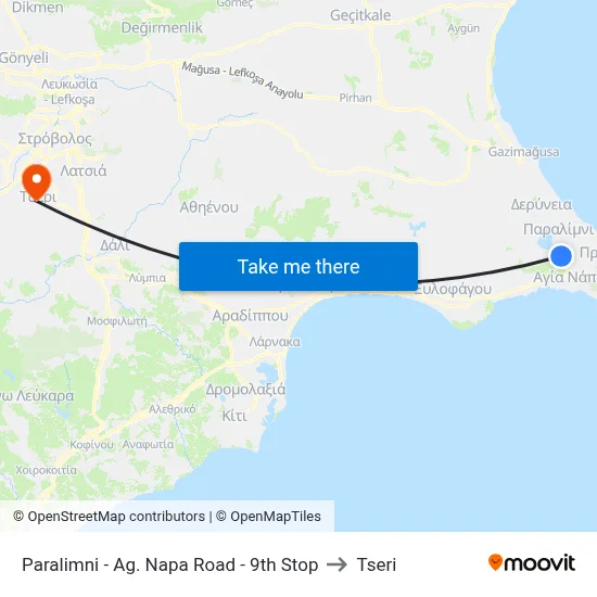 Paralimni - Ag. Napa Road - 9th Stop to Tseri map