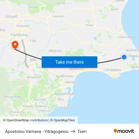 Ap. Varnava - Ydragogeiou to Tseri map