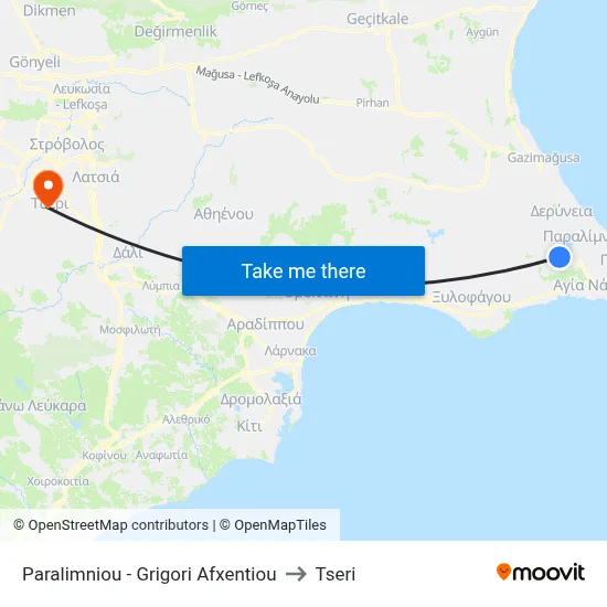 Paralimniou - Grigori Afxentiou to Tseri map