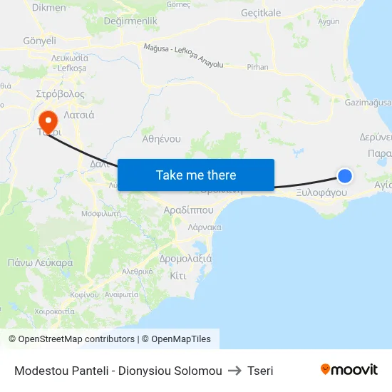 Modestou Panteli - Dionysiou Solomou to Tseri map