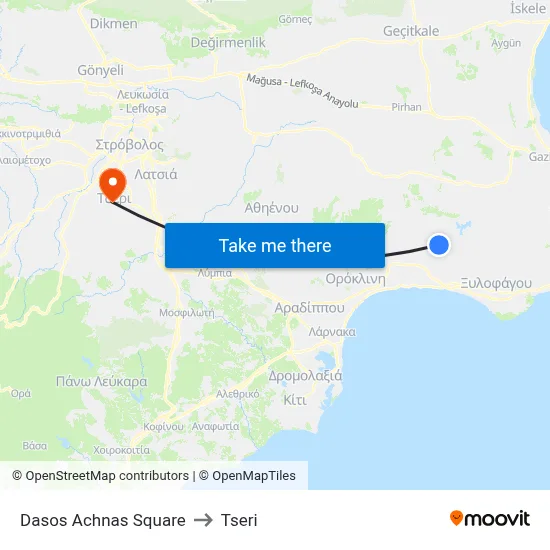 Dasos Achnas Square to Tseri map