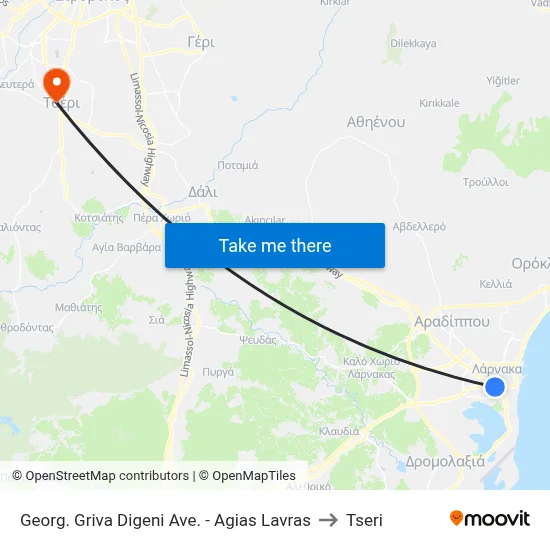 Georg. Griva Digeni Ave. - Ag. Lavras to Tseri map