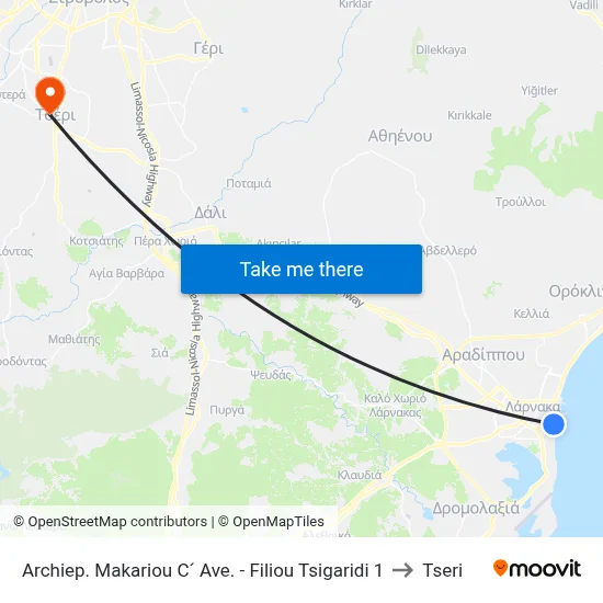 Archiep. Makariou C´ Ave. - Filiou Tsigaridi to Tseri map