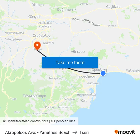 Akropoleos Avenue - Yanathes Beach to Tseri map