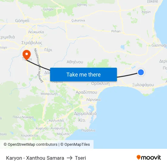 Karyon - Xanthos Samaras to Tseri map