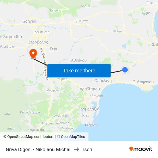 Griva Digeni - Nikolaou Michail to Tseri map