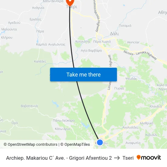 Archbishop Makarios III Avenue - Gregory Afxentiou 2 to Tseri map