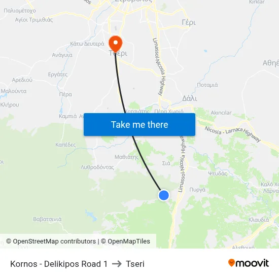 Kornos - Delikipos Road to Tseri map