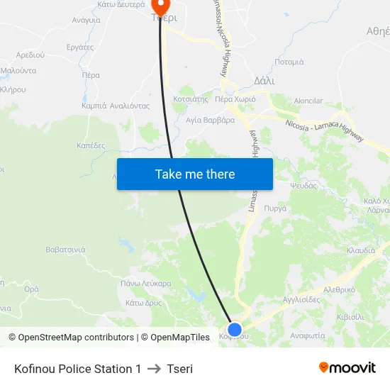Kofinou Police Station to Tseri map