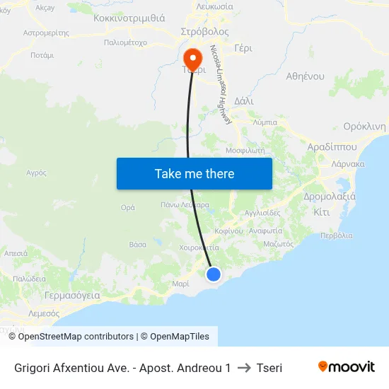 Grigori Afxentiou Ave. - Apost. Andreou to Tseri map