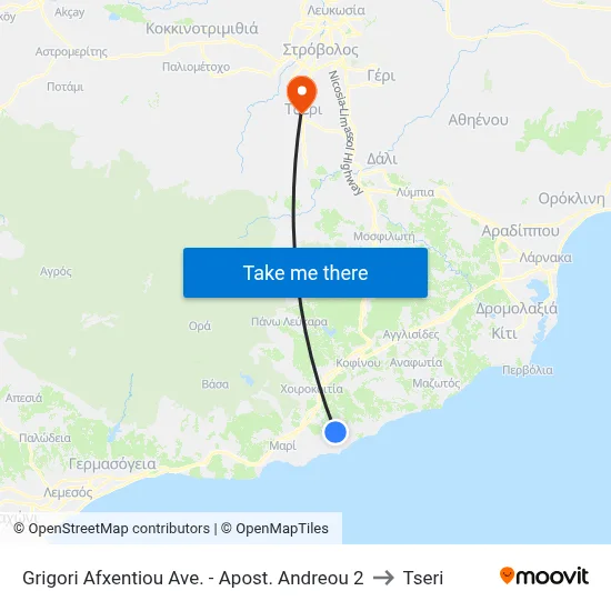 Grigori Afxentiou Ave. - Apost. Andreou to Tseri map