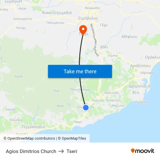 Agios Dimitrios Church to Tseri map