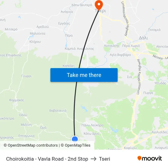 Choirokoitia - Vavla Road - 2nd Stop to Tseri map