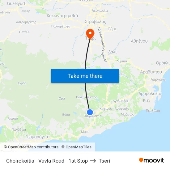 Choirokoitia - Vavla Road - 1st Stop to Tseri map