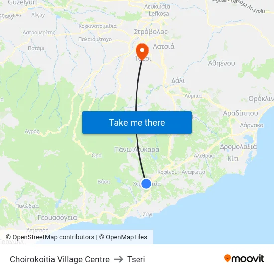 Choirokoitia Village Centre to Tseri map