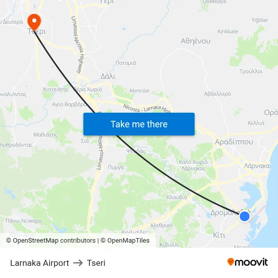 Larnaka Airport to Tseri map