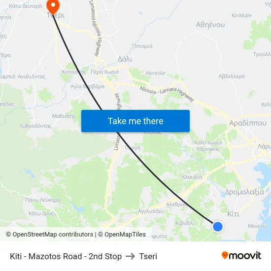 Kiti - Mazotos Road - 2nd Stop to Tseri map