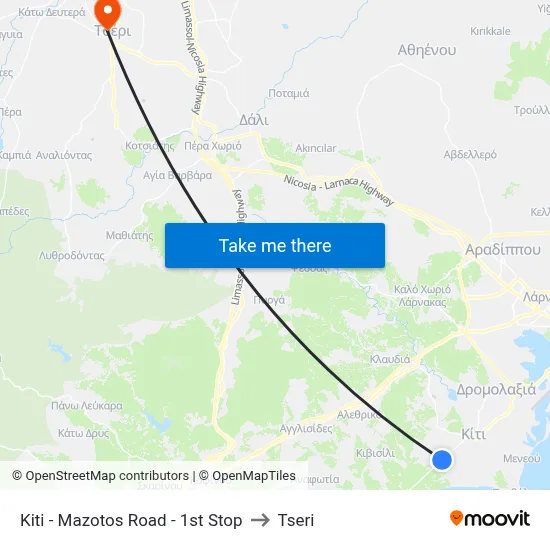 Kiti - Mazotos Road - 1st Stop to Tseri map