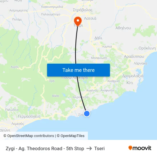 Zygi - Ag. Theodoros Road - 5th Stop to Tseri map