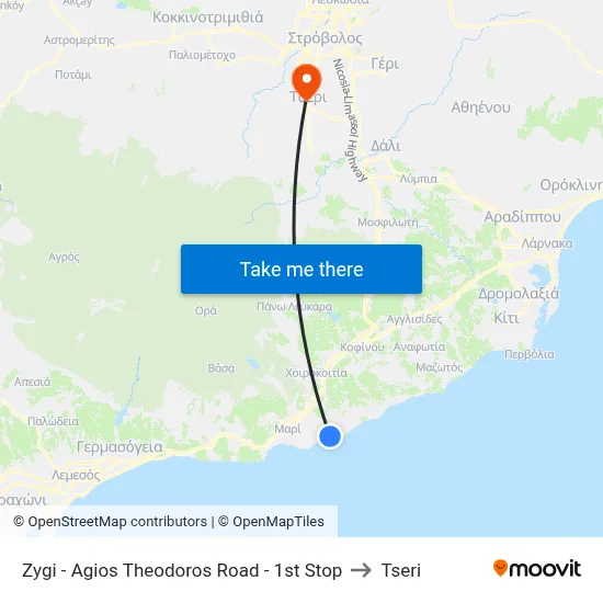 Zygi - Ag. Theodoros Road - 1st Stop to Tseri map