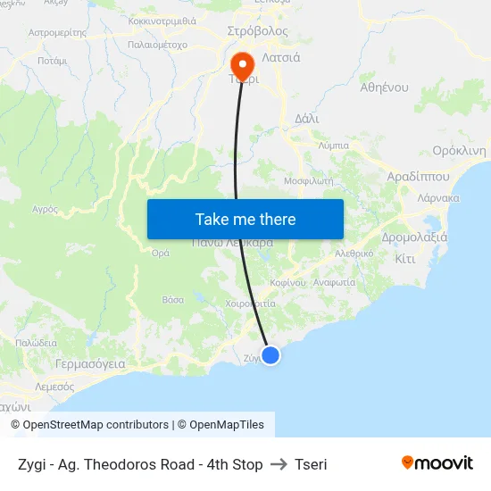Zygi - Ag. Theodoros Road - 4th Stop to Tseri map