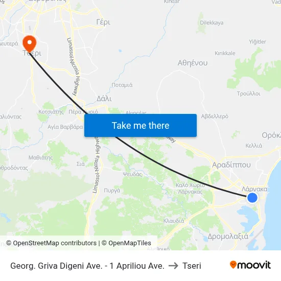 George Griva Digeni Avenue - 1 April Avenue to Tseri map