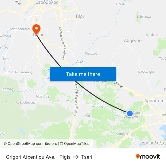 Grigori Afxentiou Avenue - Pigis to Tseri map