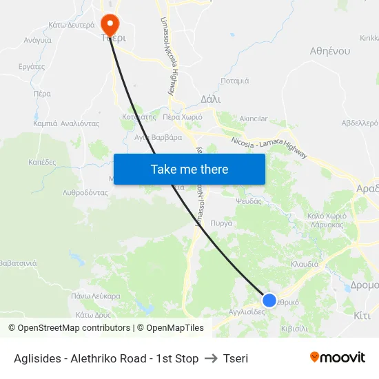 Aglisides - Alethriko Road - 1st Stop to Tseri map