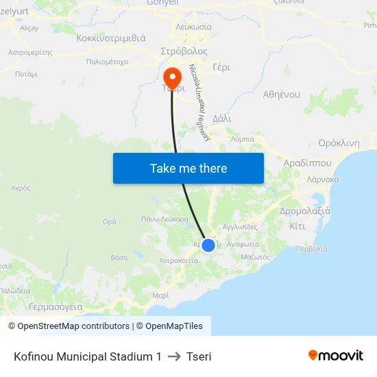 Kofinou Municipal Stadium to Tseri map