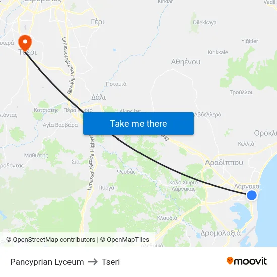 Pancyprian Lyceum to Tseri map